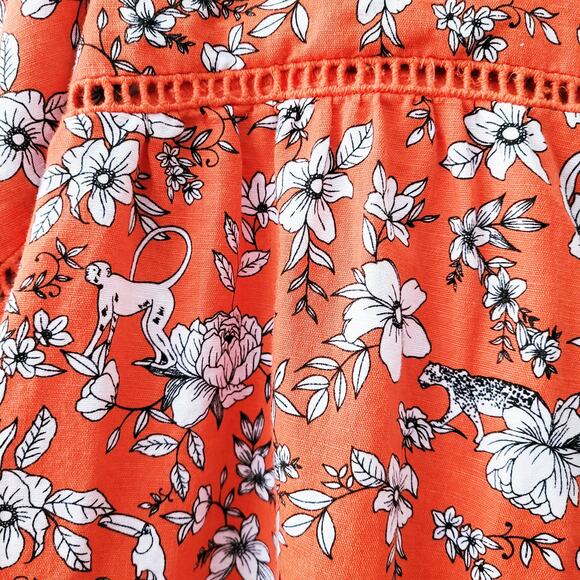 Charter Club Luxury Top XL Linen Blend Orange Tie Front Floral Monkies Cheetah - Picture 3 of 11